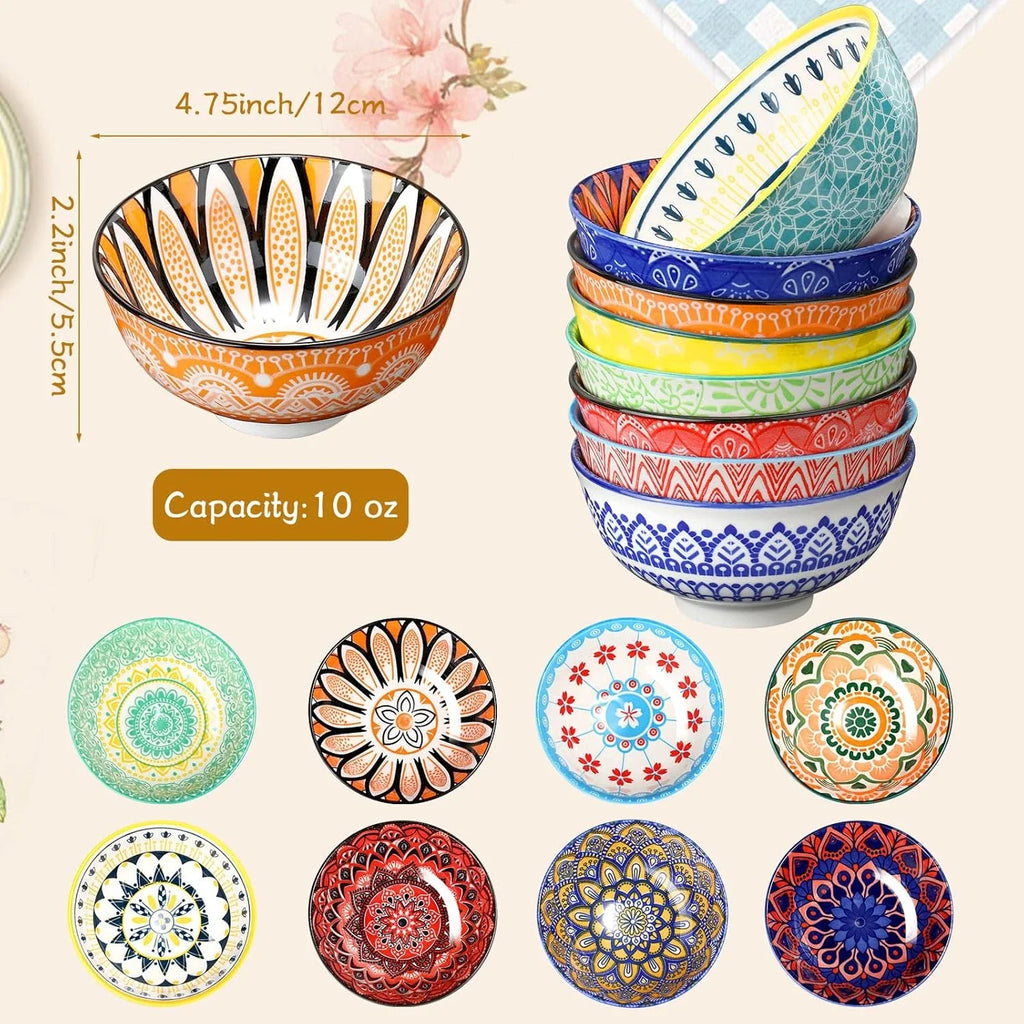 8 Pcs Colorful Ceramic Bowl Set 10 Oz 4.75'' Porcelain Kitchen Soup Cereal Servi