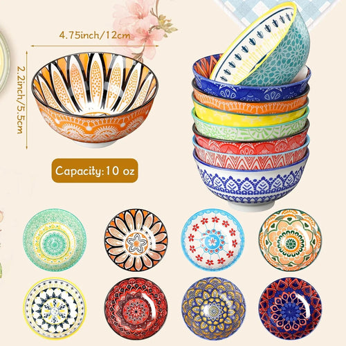 8 Pcs Colorful Ceramic Bowl Set 10 Oz 4.75'' Porcelain Kitchen Soup Cereal Servi